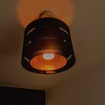 Warm workspace lighting.