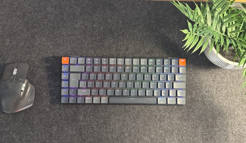 keychron k3 ultra-slim on a desk with the Logitech MX Master 3s mouse.