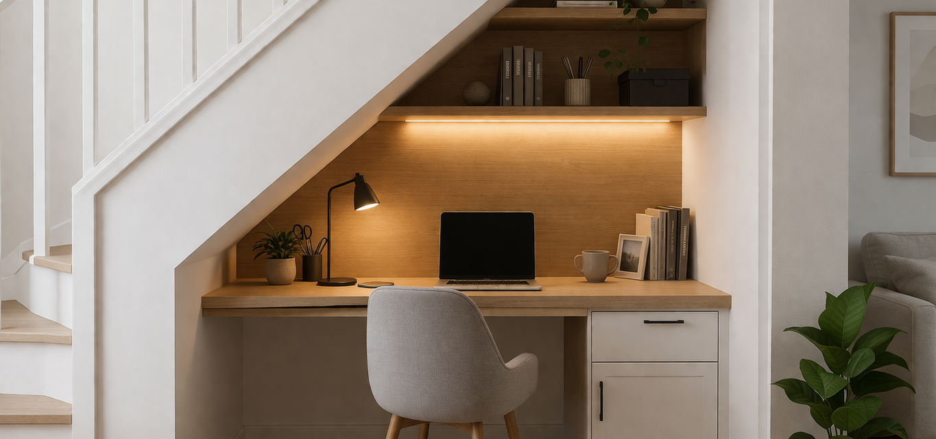 Under stairs cosy desk setup