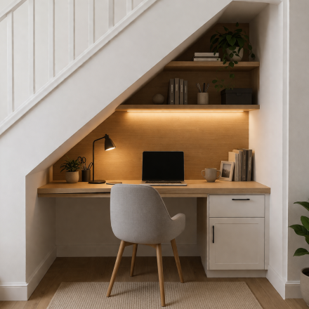 Under stairs cosy desk setup