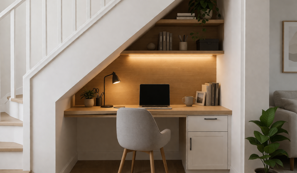 Under stairs cosy desk setup