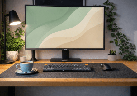 Minimal desk setup with a cosy cup of coffee