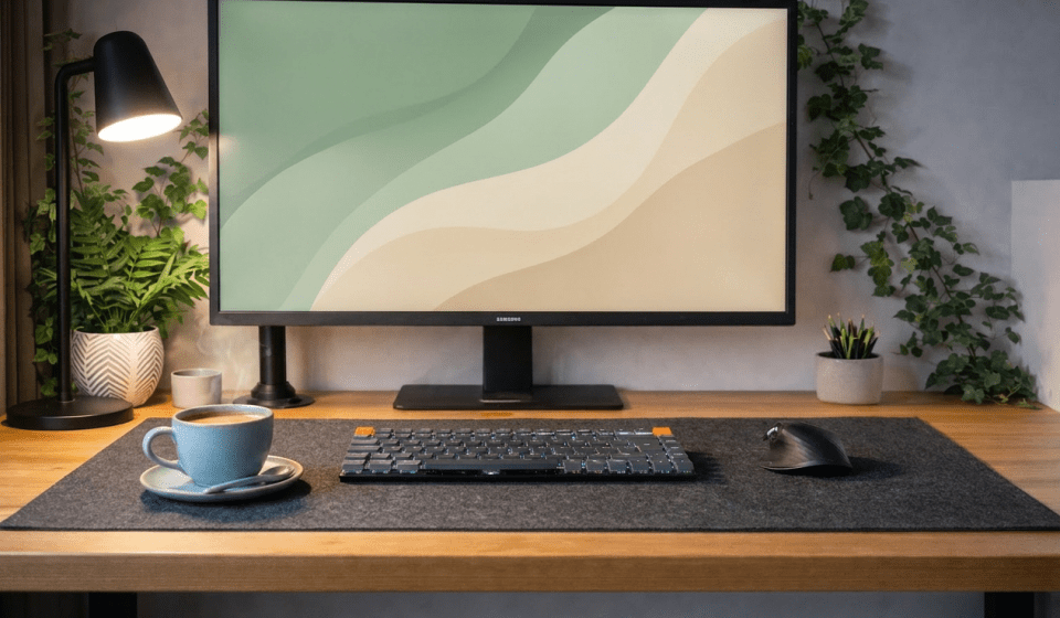 Minimal desk setup with a cosy cup of coffee