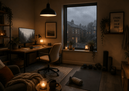 Minimalist Home Office with Gym Equipment on a miserable day.