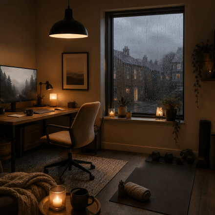 Minimalist Home Office with Gym Equipment on a miserable day.