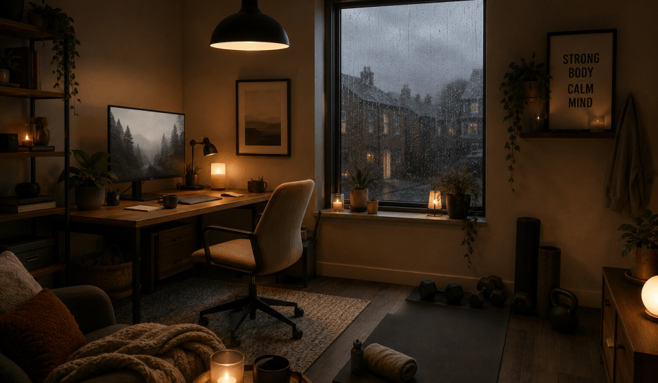 Minimalist Home Office with Gym Equipment on a miserable day.