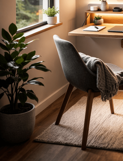 Plant in the corner of a Japandi style office room. 