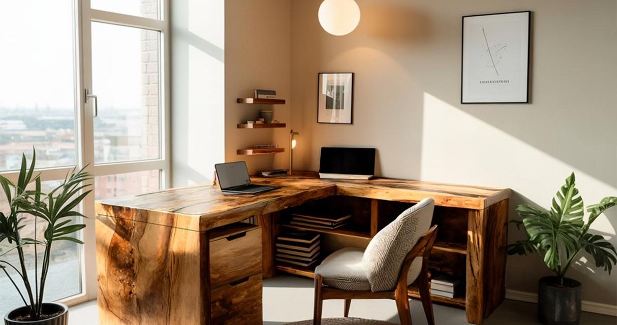 L Shaped Desk setup with big window