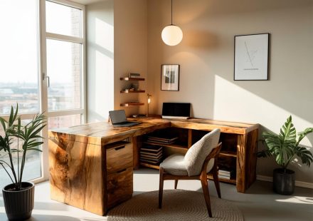 L Shaped Desk setup with big window