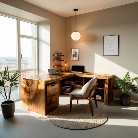 L Shaped Desk setup with big window