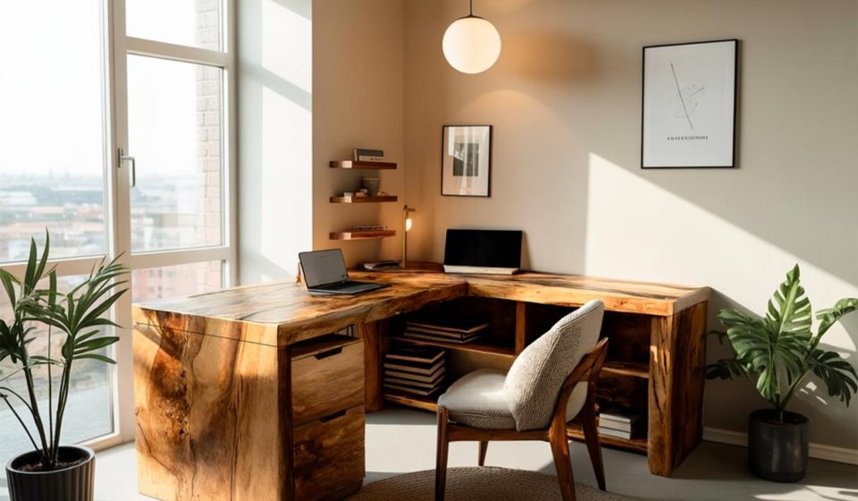 L Shaped Desk setup with big window