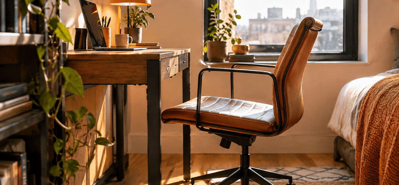 A small desk chair for a small enclosed space in front of a window.