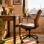 A small desk chair for a small enclosed space in front of a window.