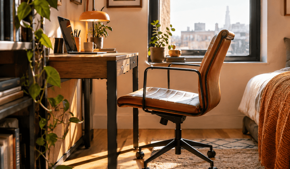 A small desk chair for a small enclosed space in front of a window.