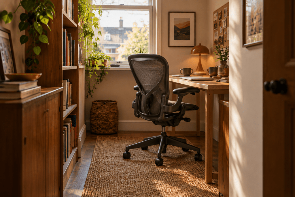 A larger desk chair similar to a Herman Miller in a small desk space.
